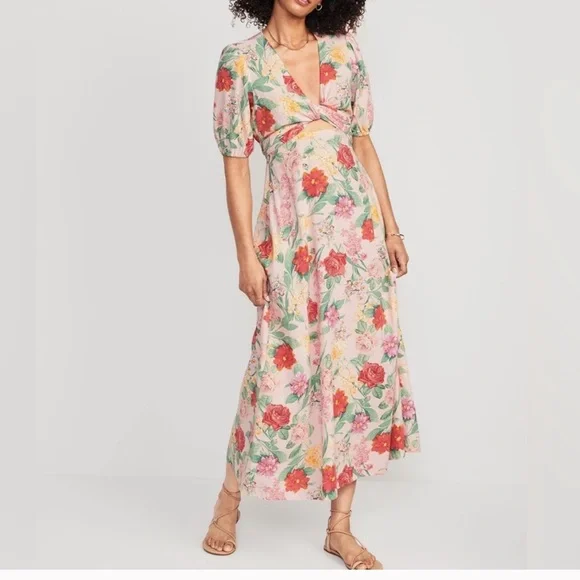 OLD NAVY Fit & Flare Linen-Blend Maxi Dress Floral Boho Coastal Small pink green - Picture 1 of 9